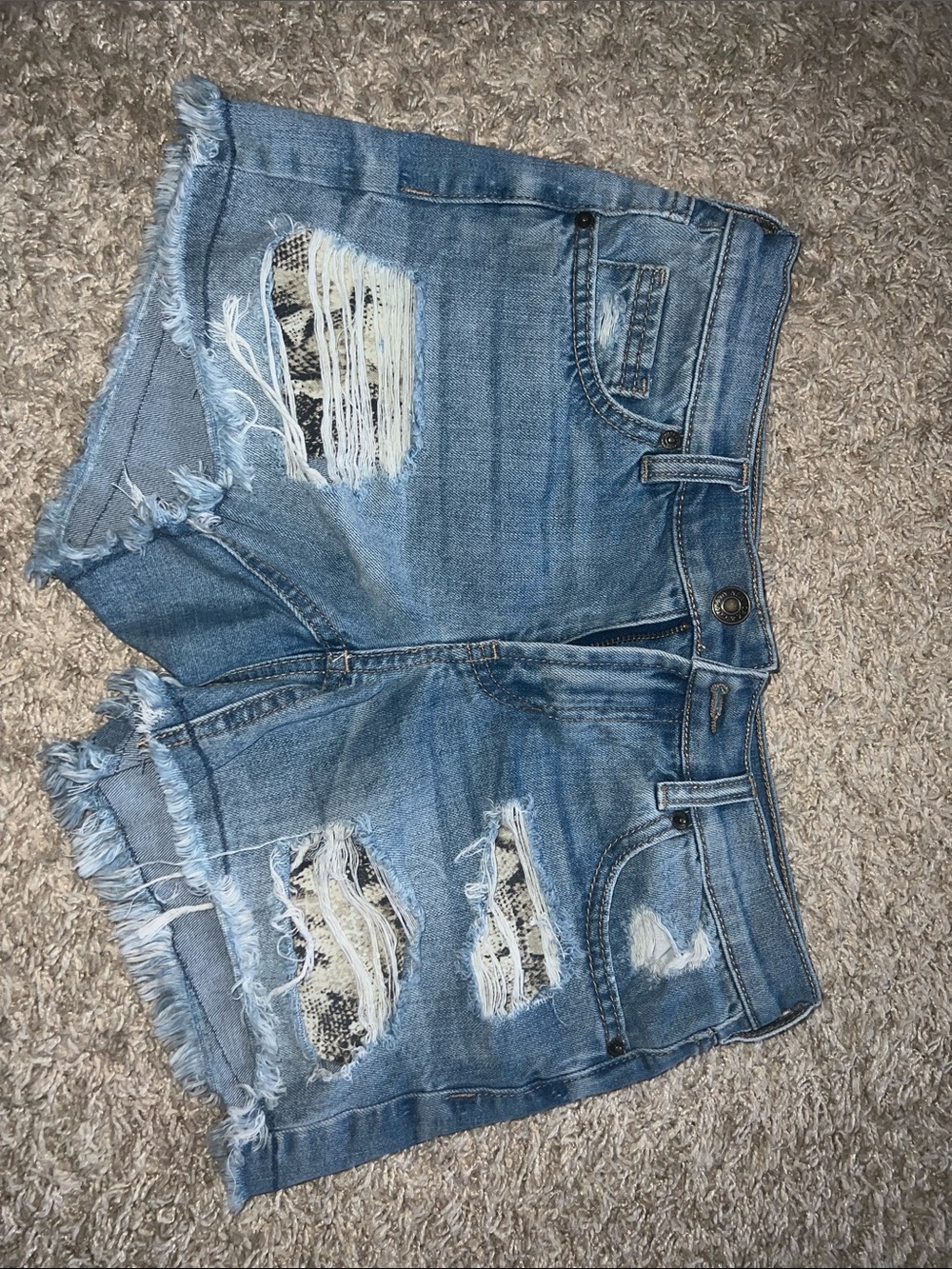 New York & Company Light Blue Distressed Denim Shorts with Snake-Print Insets